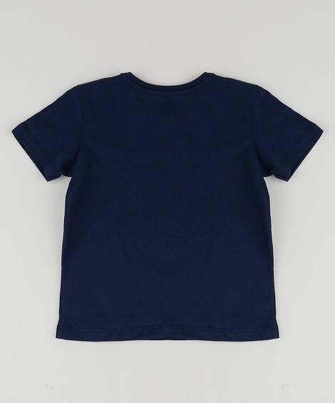 Camiseta Infantil Dinossauro "You're Happy!" Manga Curta Azul Marinho