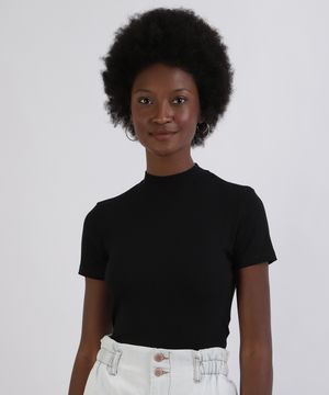 Blusa Feminina Canelada com Zíper de Argola Manga Curta Gola Alta Preta