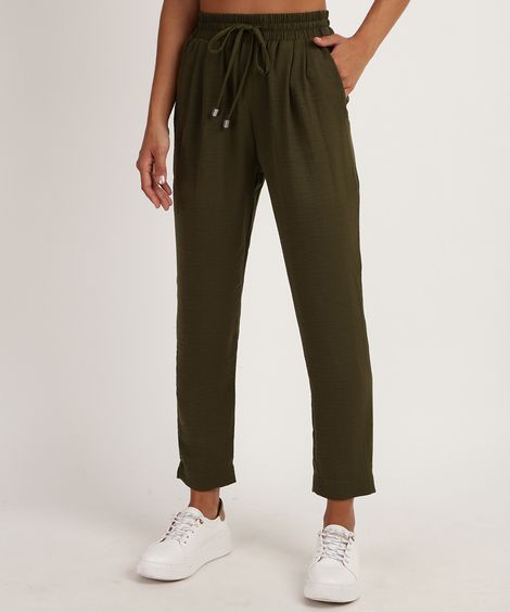 Calça Feminina Cintura Alta com Cordão e Bolso Verde