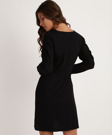 Vestido Feminino Curto com Babado Manga Longa e Decote V com Transpasse Preto