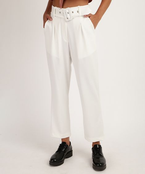 Calça Feminina Clochard com Cinto e Bolsos Branca