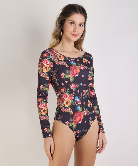 Body Feminino Estampado Floral Canelado Manga Longa Decote Redondo Preto