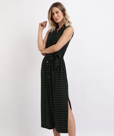 Vestido Feminino Estampado Midi com Botões e Faixa para Amarrar Preto