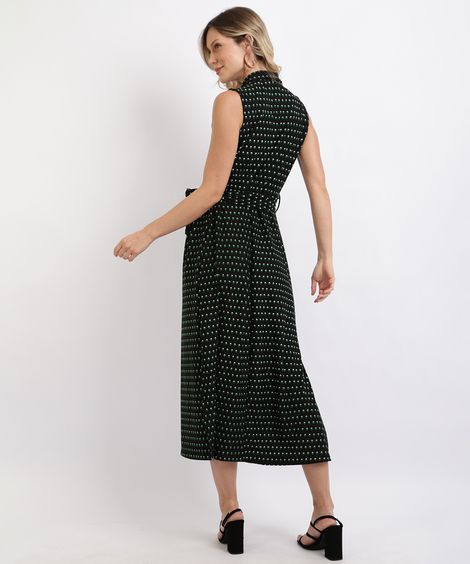 Vestido Feminino Estampado Midi com Botões e Faixa para Amarrar Preto