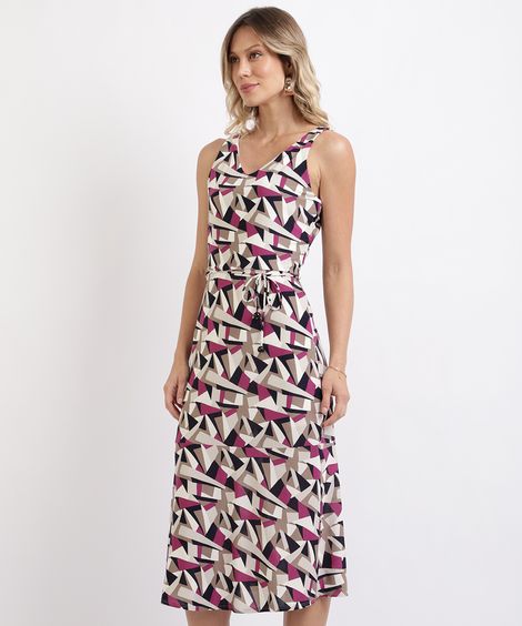 Vestido Feminino Midi Estampado Geométrico com Faixa para Amarrar sem Manga Branco