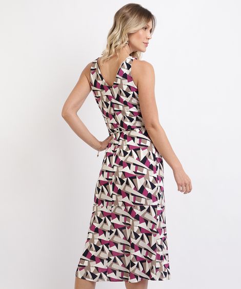 Vestido Feminino Midi Estampado Geométrico com Faixa para Amarrar sem Manga Branco