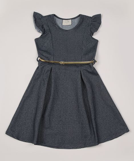 Vestido Infantil Estampado Listrado com Cinto e Babados Sem Manga Azul Marinho