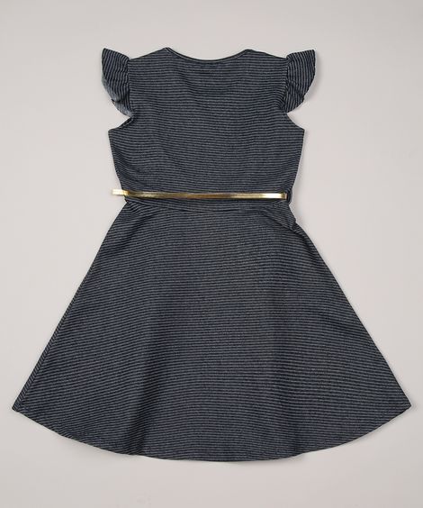 Vestido Infantil Estampado Listrado com Cinto e Babados Sem Manga Azul Marinho