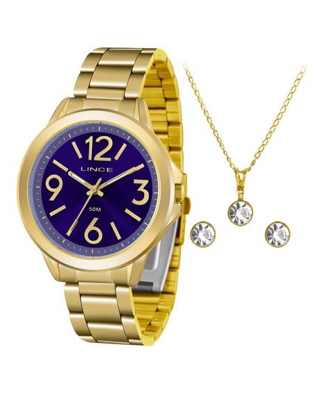 Kit de Relógio Analógico Lince Feminino + Colar + Par de Brincos - LRGH089L KV53D2KX Dourado