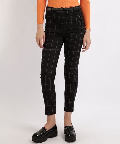 Calça Feminina Skinny Cintura Alta Estampada Xadrez com Cinto Preta