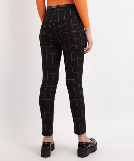Calça Feminina Skinny Cintura Alta Estampada Xadrez com Cinto Preta