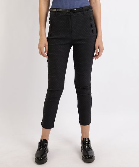 Calça Feminina Skinny Cintura Alta Estampada com Cinto Azul Marinho