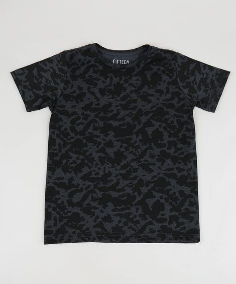 Camiseta Juvenil Estampada Camuflado Manga Curta Gola Careca Cinza Mescla Escuro