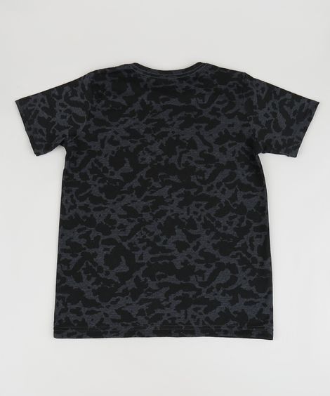 Camiseta Juvenil Estampada Camuflado Manga Curta Gola Careca Cinza Mescla Escuro