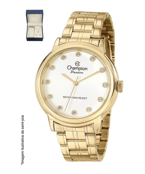 kit relógio feminino champion analógico cn29874w dourado