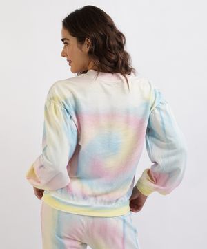 Blusão de Moletom Feminino Mindset Felpado Estampado Tie Dye Manga Bufante Multicor