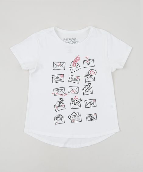 Blusa Juvenil Envelopes Manga Curta Decote Redondo Branca