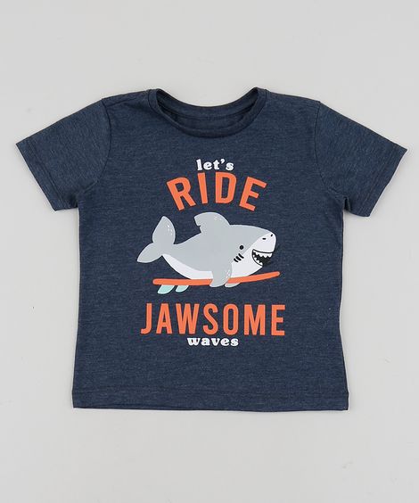 Camiseta Infantil Tubarão "Ride Jawsome" Manga Curta Azul Marinho