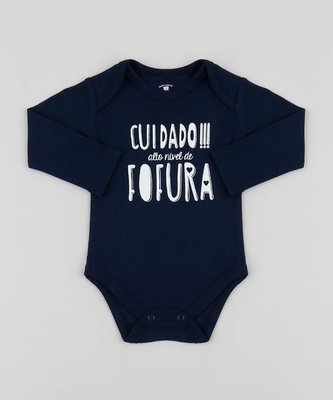 Body Infantil "Cuidado Fofura" Manga Longa Azul Marinho