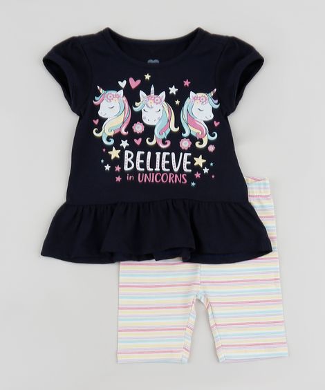 Conjunto Infantil Blusa Unicórnio Manga Curta Azul Marinho + Bermuda Listrada Ciclista Azul Marinho