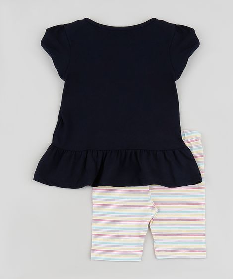 Conjunto Infantil Blusa Unicórnio Manga Curta Azul Marinho + Bermuda Listrada Ciclista Azul Marinho