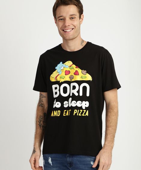 Camiseta Masculina Ursinhos Carinhosos e Pizza Manga Curta Gola Careca Preta
