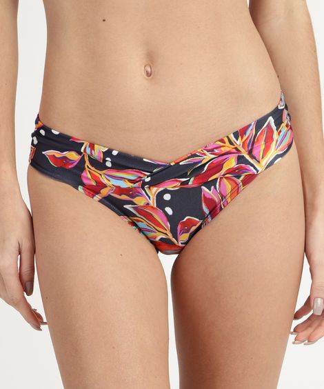 Biquíni Calcinha Tanga Cós Transpassado Estampado de Folhagem Multicor