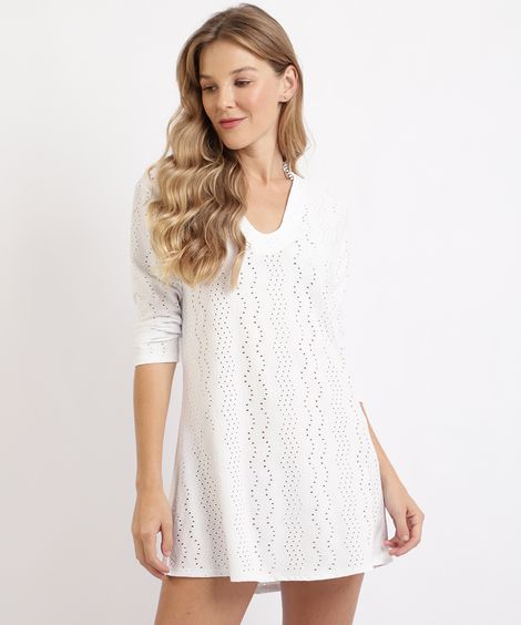 Vestido Feminino Curto em Laise Manga Longa Branco