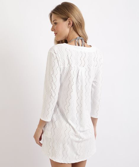 Vestido Feminino Curto em Laise Manga Longa Branco
