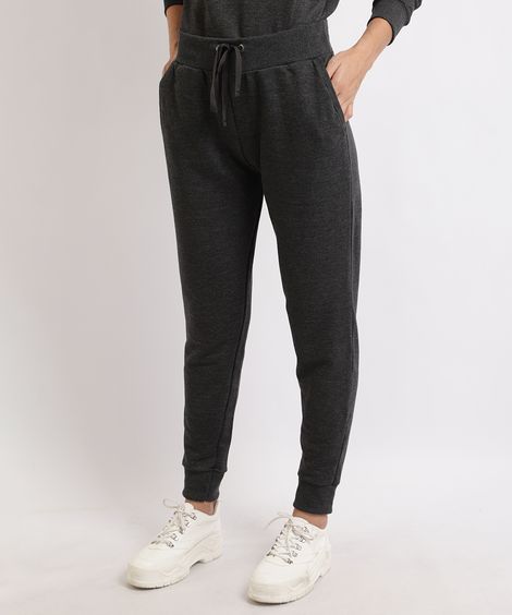 Calça de Moletom Feminina Básica Jogger Cintura Média com Bolsos  Cinza Mescla Escuro