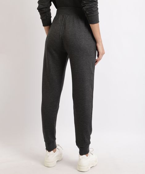Calça de Moletom Feminina Básica Jogger Cintura Média com Bolsos  Cinza Mescla Escuro