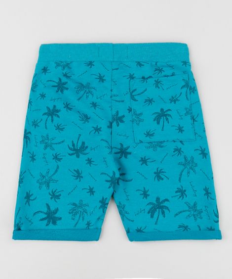 Bermuda de Moletom Infantil Estampada de Coqueiros Azul