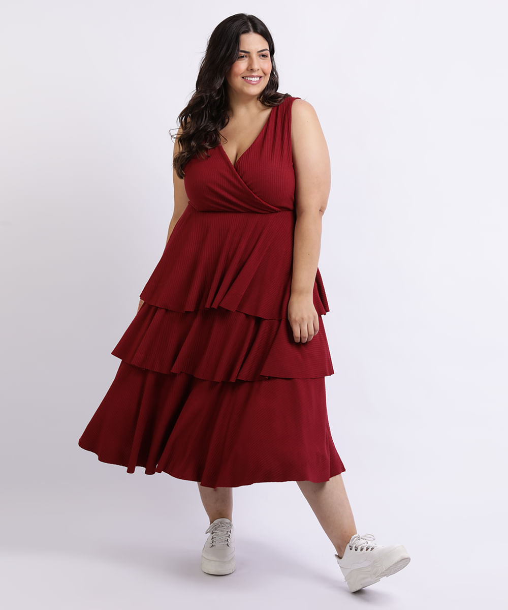 Menor preço em Vestido Feminino Mindset Plus Size Midi Canelado Alças Largas com Babados Vinho