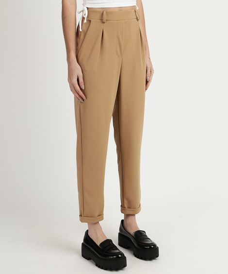 Calça Feminina Carrot Alfaiatada com Bolsos Cintura Alta Bege
