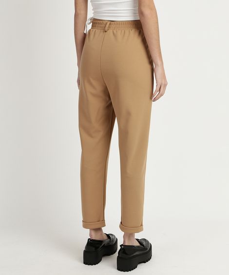 Calça Feminina Carrot Alfaiatada com Bolsos Cintura Alta Bege