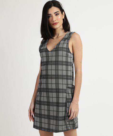 Vestido Feminino Xadrez em Jacquard Curto Decote V Alça Larga Cinza