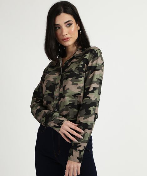 Camisa Feminina Estampada Camuflada Manga Longa Verde Militar