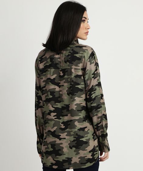 Camisa Feminina Estampada Camuflada Manga Longa Verde Militar