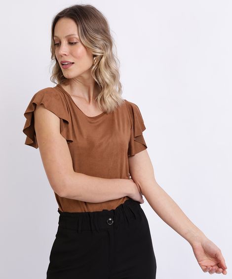 Blusa Feminina em Suede com Babado na Manga Decote Redondo Marrom