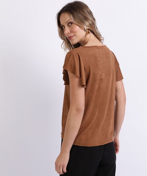 Blusa Feminina em Suede com Babado na Manga Decote Redondo Marrom