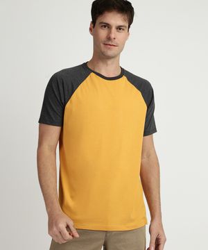 Camiseta Masculina Básica Raglan Manga Curta Gola Careca Amarela
