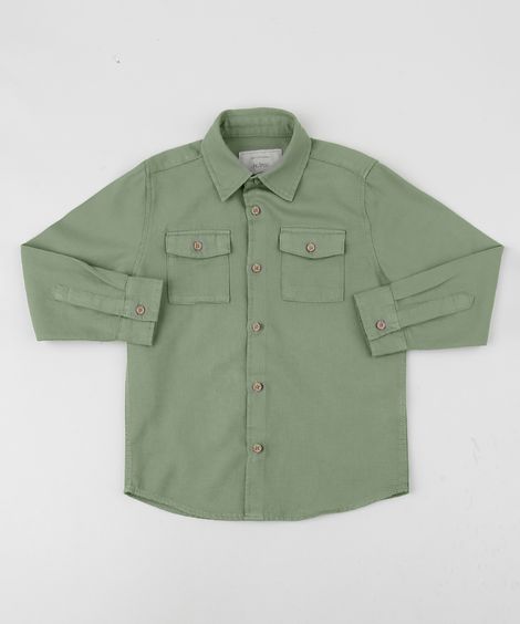 Camisa de Sarja Infantil Estampada Com Bolsos Verde Claro