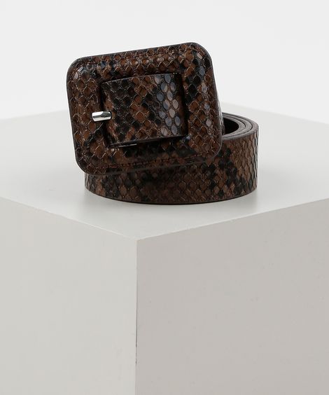 Cinto Feminino Médio com Fivela Quadrada Animal Print de Cobra Marrom