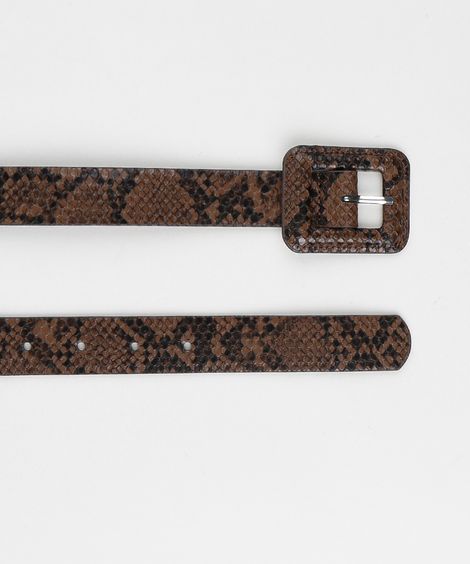 Cinto Feminino Médio com Fivela Quadrada Animal Print de Cobra Marrom
