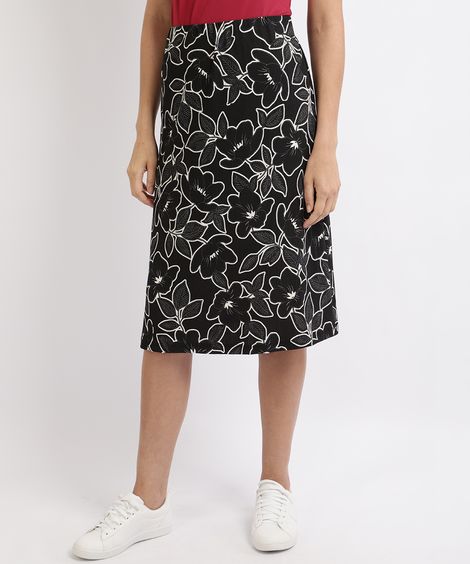 Saia Feminina Midi Estampada de Folhagem Preta