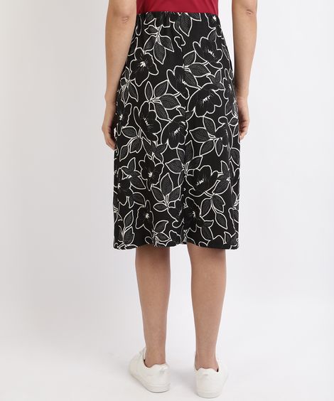 Saia Feminina Midi Estampada de Folhagem Preta