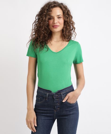 Blusa Feminina Básica Decote V Manga Curta Verde