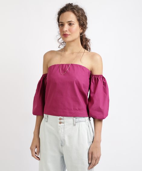 Blusa Feminina Cropped Ombro a Ombro Manga 7/8 Rosa
