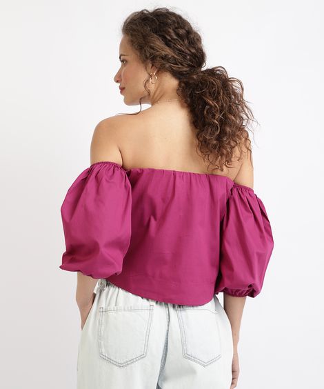 Blusa Feminina Cropped Ombro a Ombro Manga 7/8 Rosa