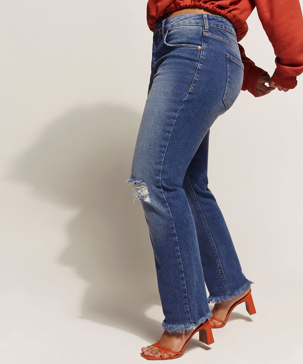 Calça Jeans Feminina Reta Cintura Alta com Rasgos e Barra Desfiada Azul  Escuro - Faz a Boa!